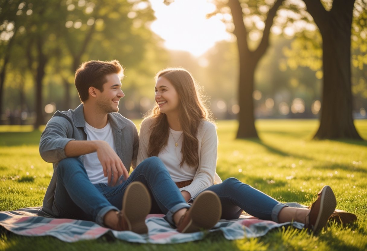 A young couple sitting on a picnic blanket in a sunlit park, smiling and talking, warm tones, romantic casual vibe, soft light, early dating mood, cozy and fresh atmosphere