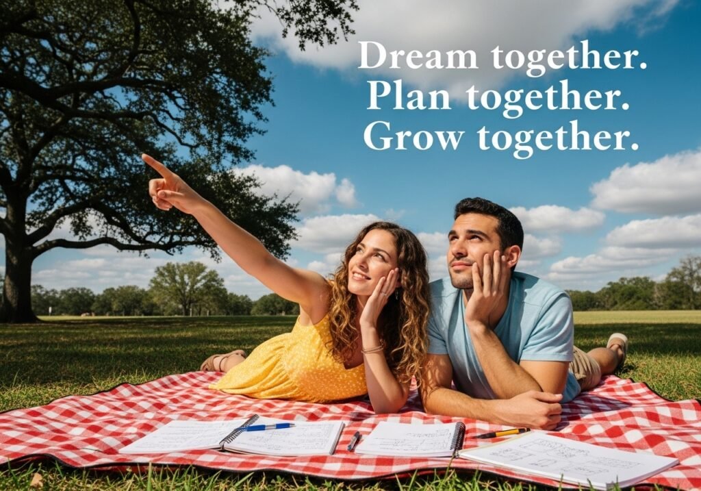 A couple lying on a blanket in a park, looking up at the sky while pointing at the clouds, notebooks beside them, dreaming and planning together.
Quote on image: “Dream together. Plan together. Grow together.”